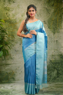 Cobalt Blue With Checked Motifs and Stripes Border Copper Zari Yuvana Pure Soft Silk Saree - Thenianantham