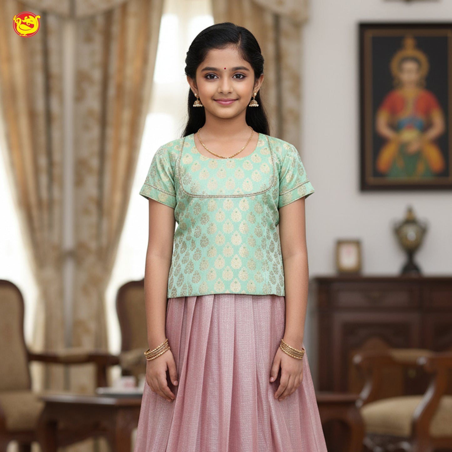 Mint Green With Pink  Girls Branded Readymade Pattu Pavadai