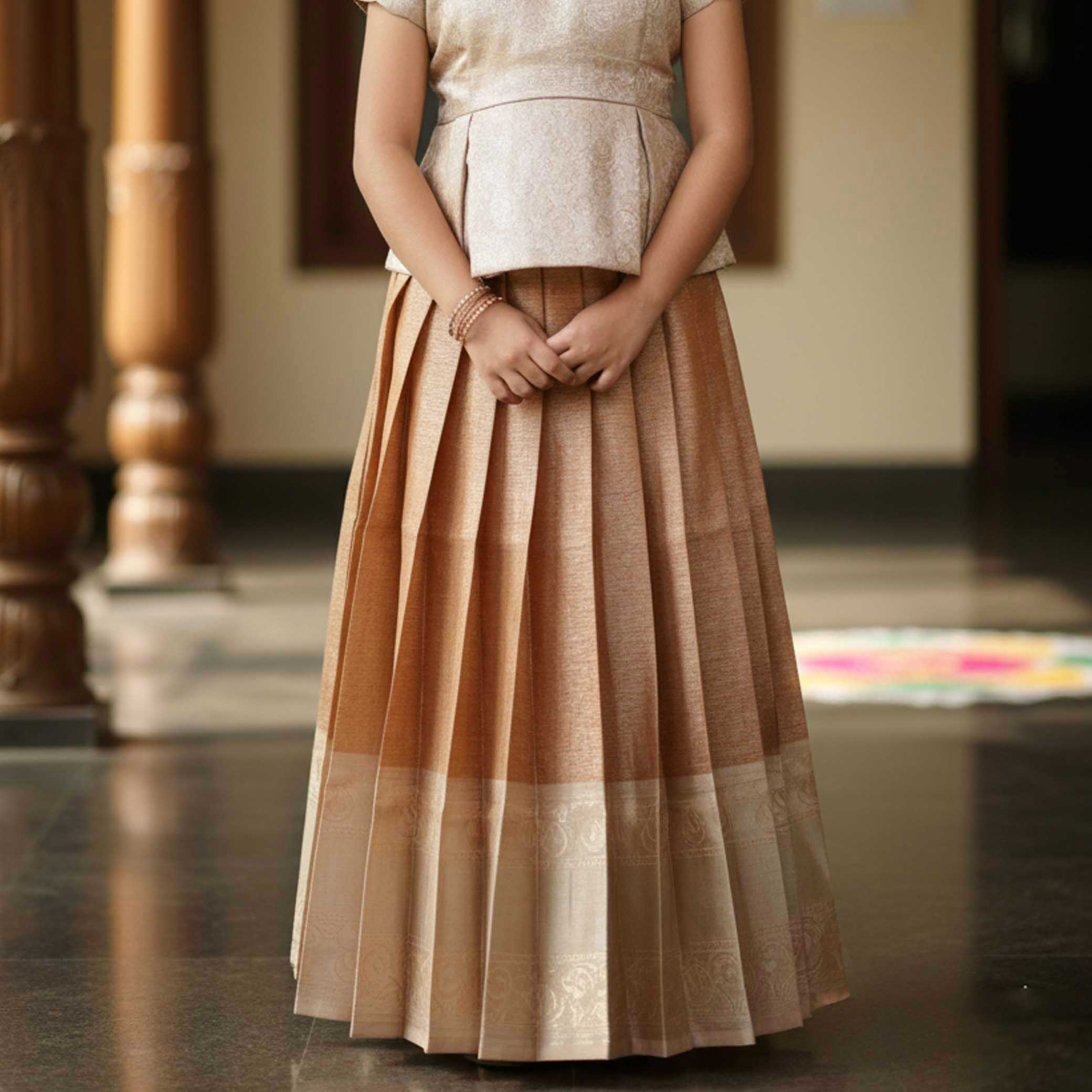 Half White With Orange Girls Branded Readymade Pattu Pavadai