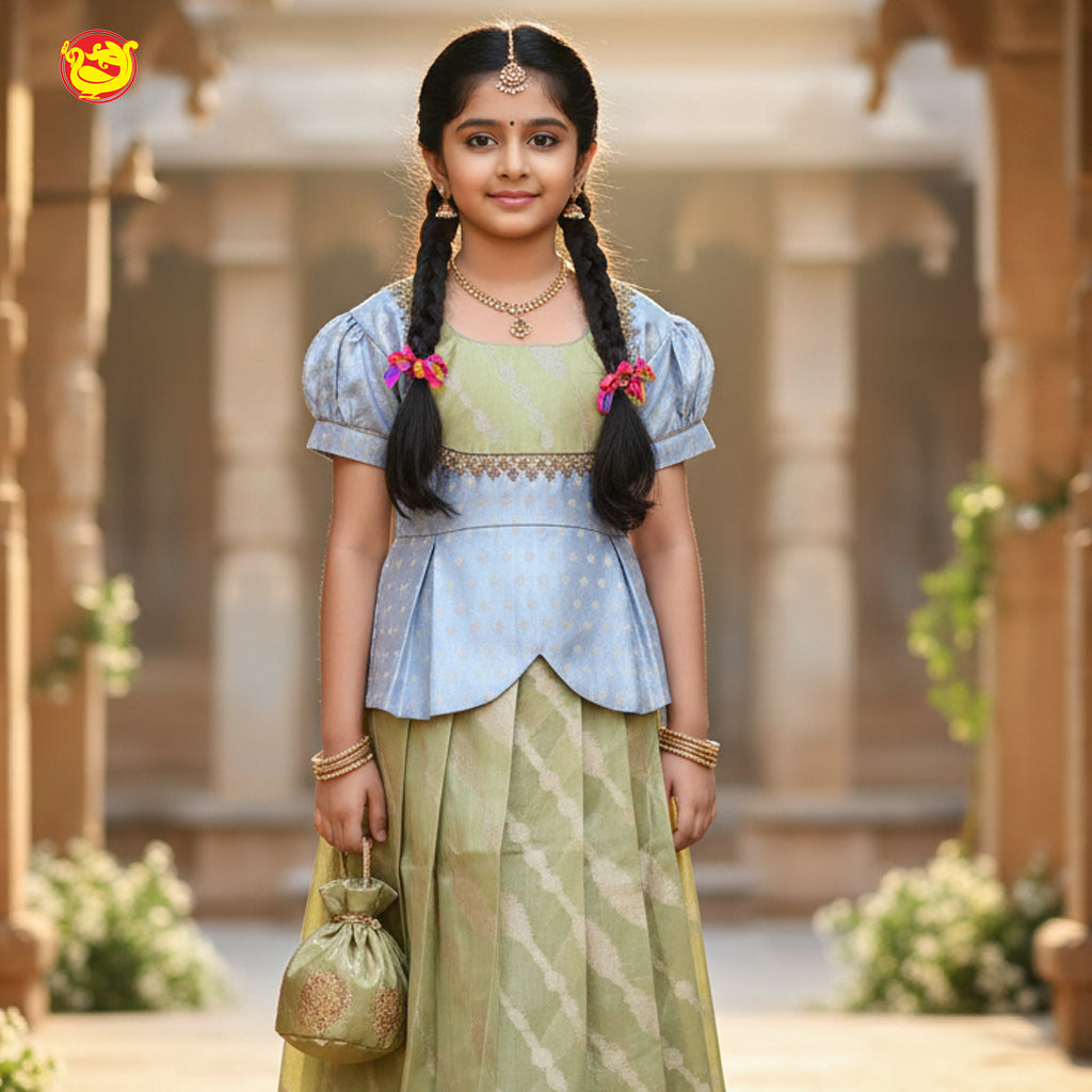 Light Grey with Green Girls Readymade Pattu Pavadai Set