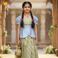 Light Grey with Green Girls Readymade Pattu Pavadai Set