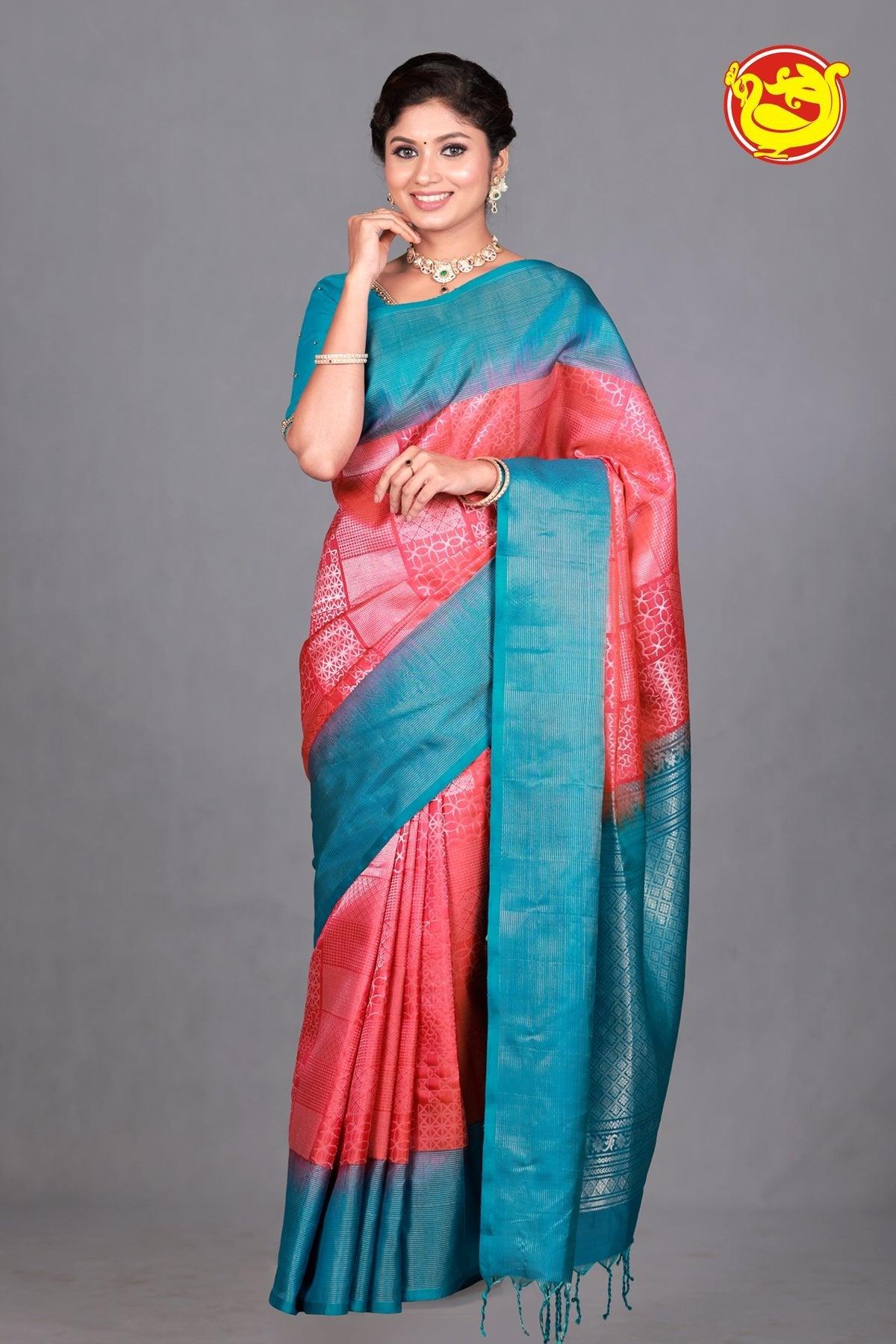 Orange With Peacock Blue Soft Silk Saree