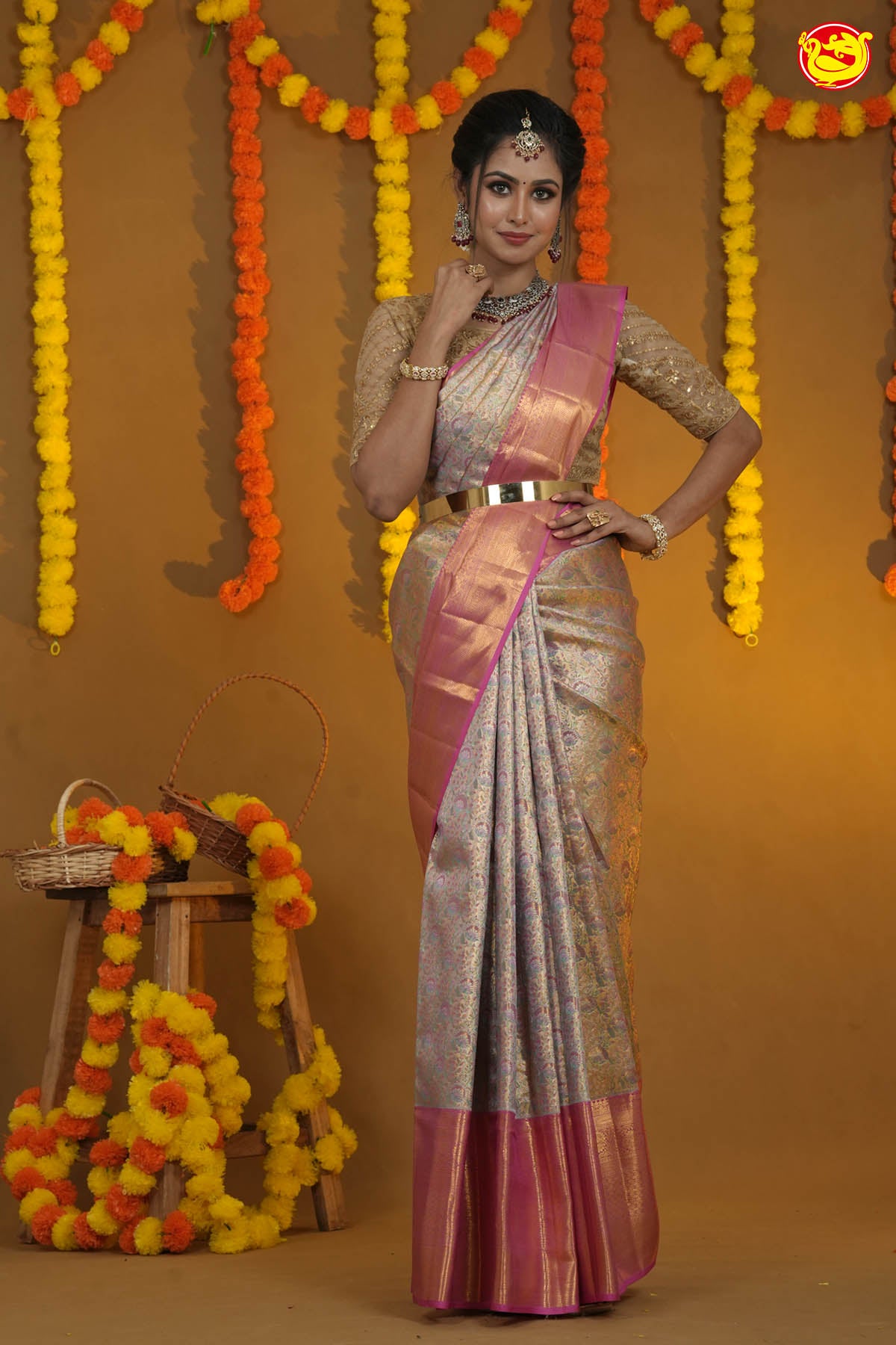 Golden Tissue with pink wedding silk saree