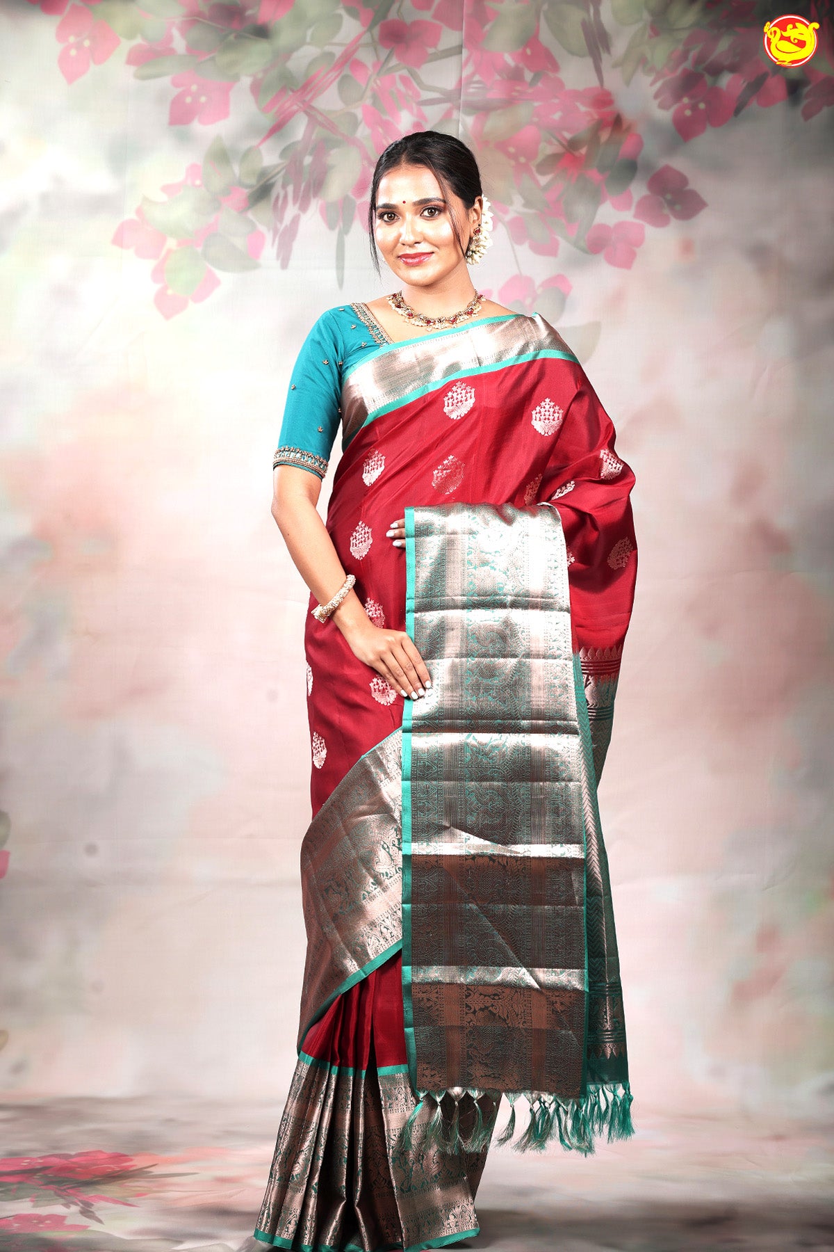 Red With Peacock Green Floral Motifs Copper Zari Long Border Pure Kanjivaram Soft Silk Saree