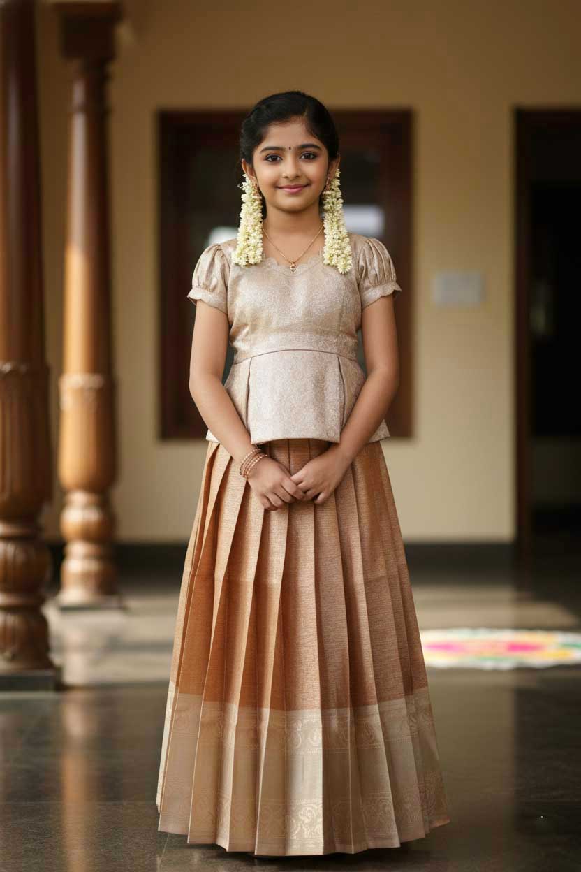 Half White With Orange Girls Branded Readymade Pattu Pavadai