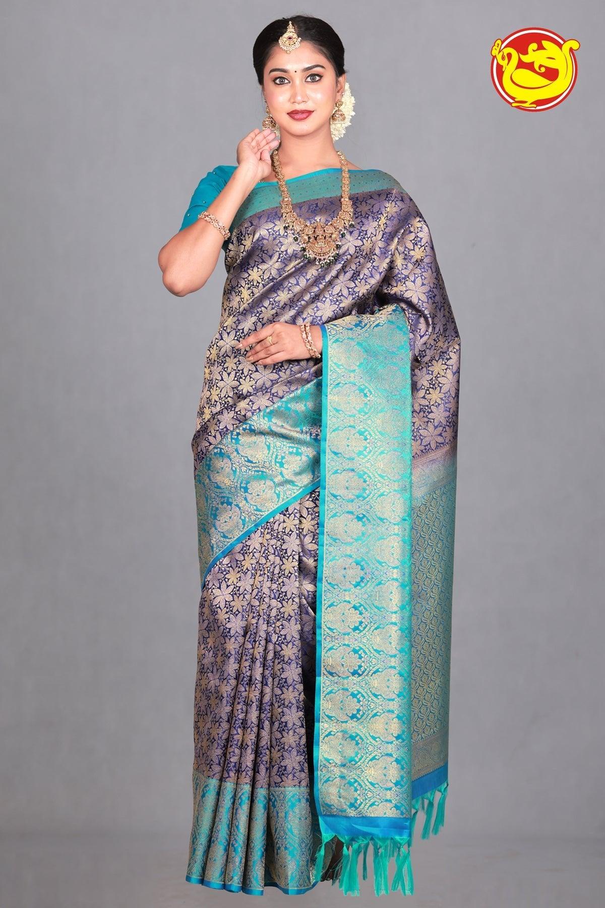 Dark Blue Wedding Silk Saree With Peacock Blue Pallu - Thenianantham