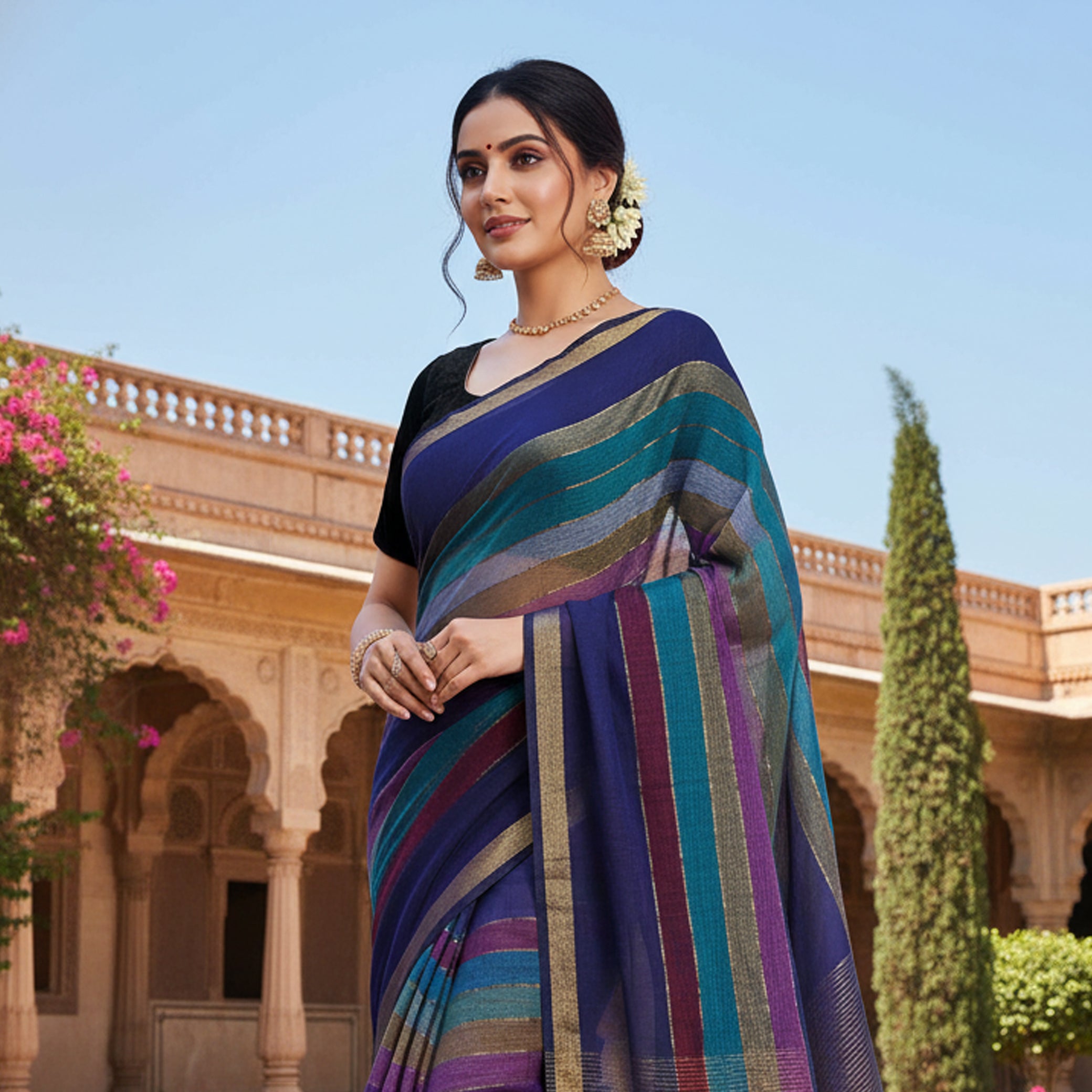 Blue  With Multi Colour Mul Mul Cotton Sarees