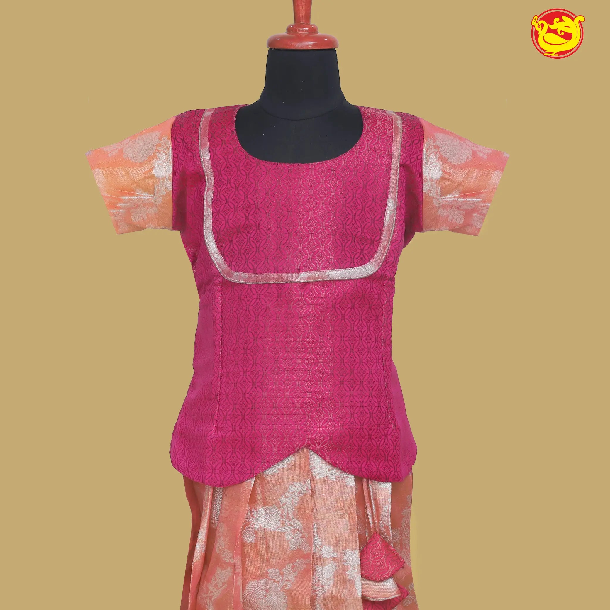 Peach with Pink Branded Ladies Readymade Pattu Pavadai Set