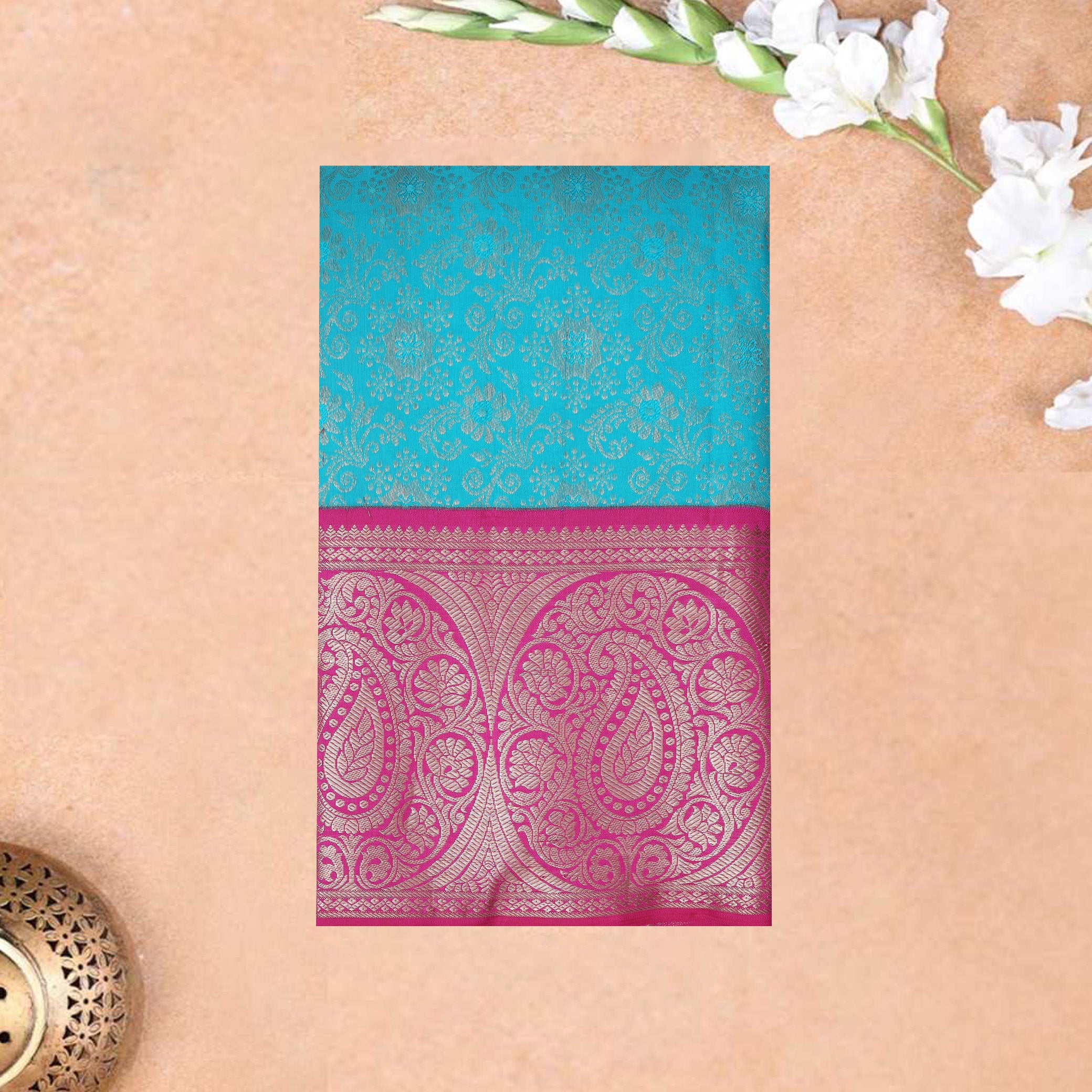 Blue With Pink  Golden Zari Border Wedding Silk Saree
