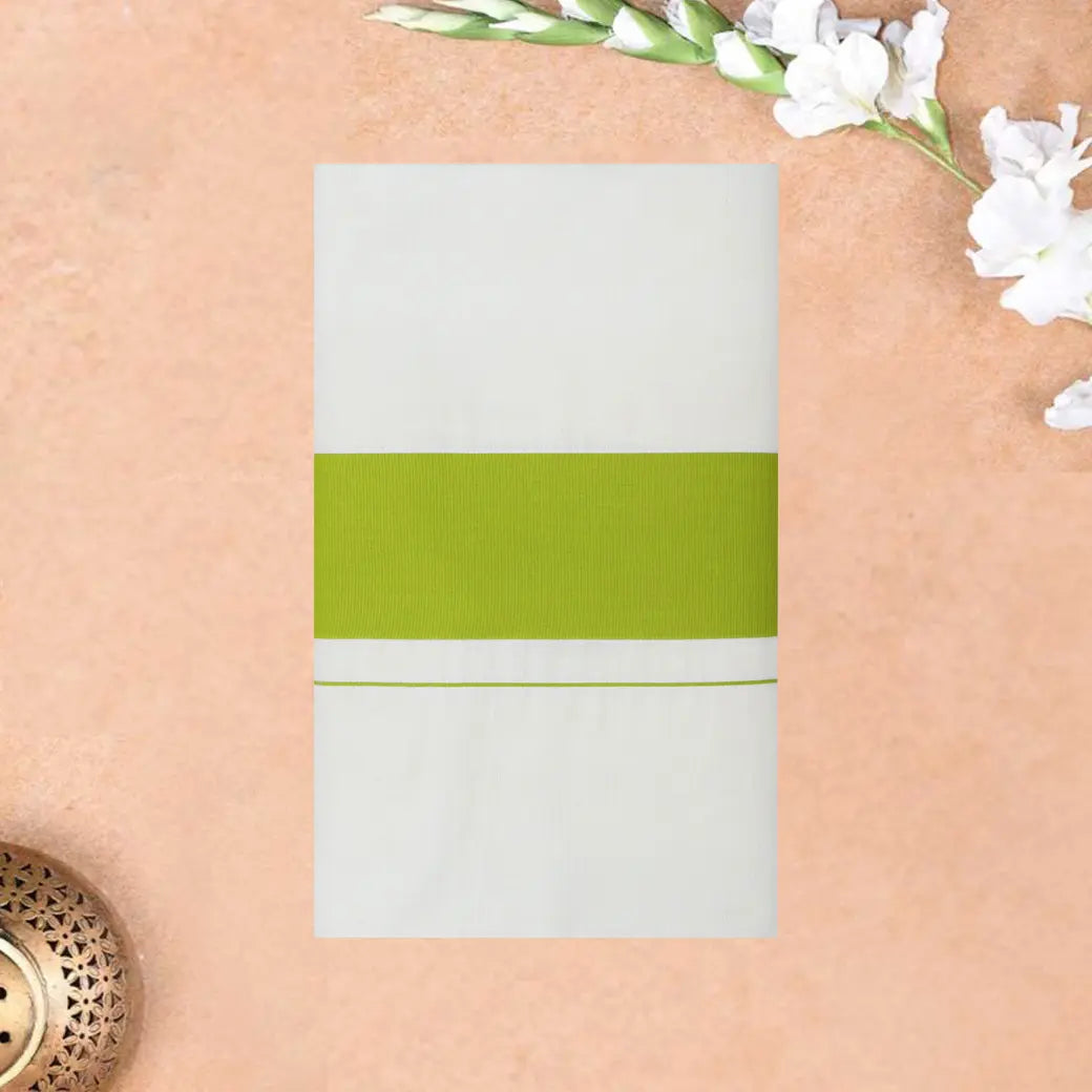 Southloom Exclusive Onam Kerala Traditional  green Border off white  Cotton Saree (Matching Plain Blouse Included)