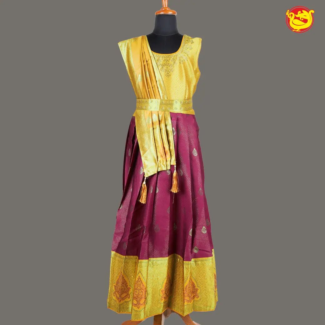 Yellow with Maroon Girls & Women Branded Readymade Pattu Gown