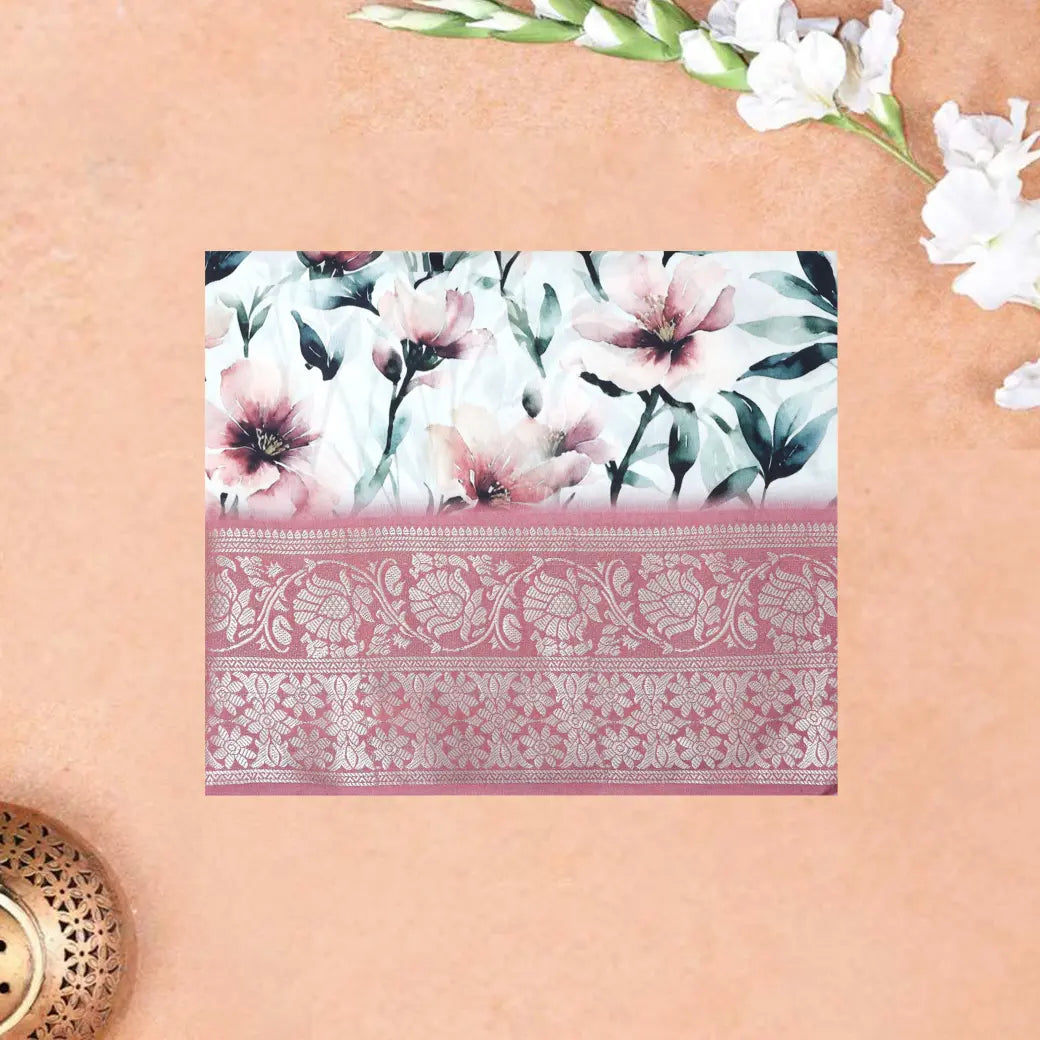 White with Light Dusty Rose Pink Floral  Design Dola Silk Saree