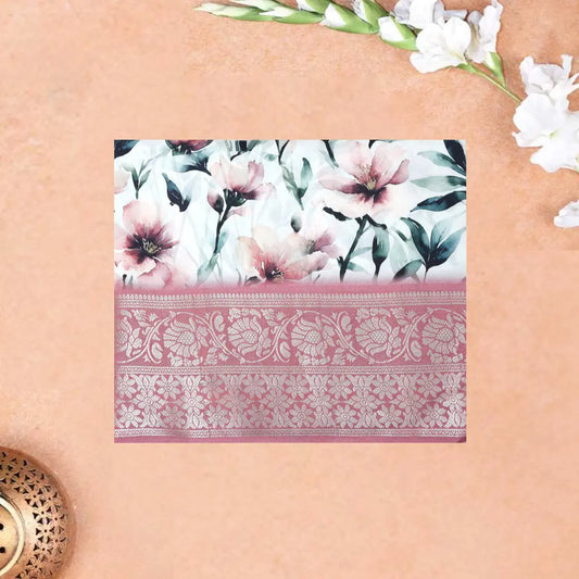 White with Light Dusty Rose Pink Floral  Design Dola Silk Saree