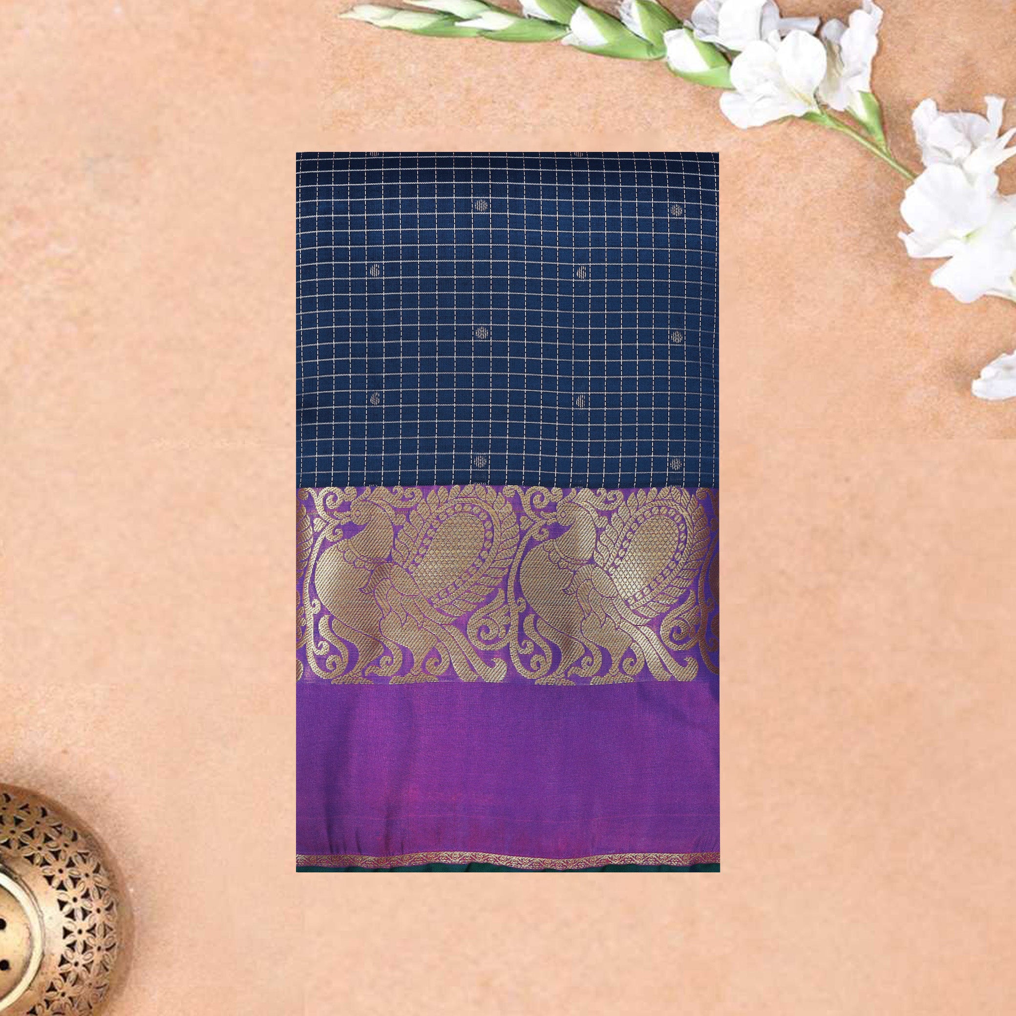 Navy Blue With Purple Gold Zari Yuvana Semi Soft Silk Saree