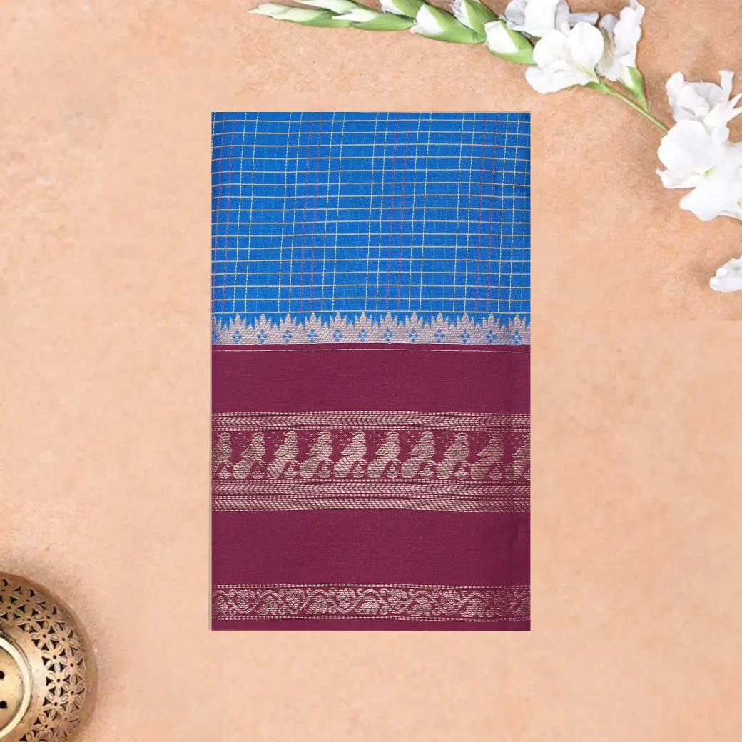 Sky Blue With Maroon Premium Quality Kalyani Cotton Saree