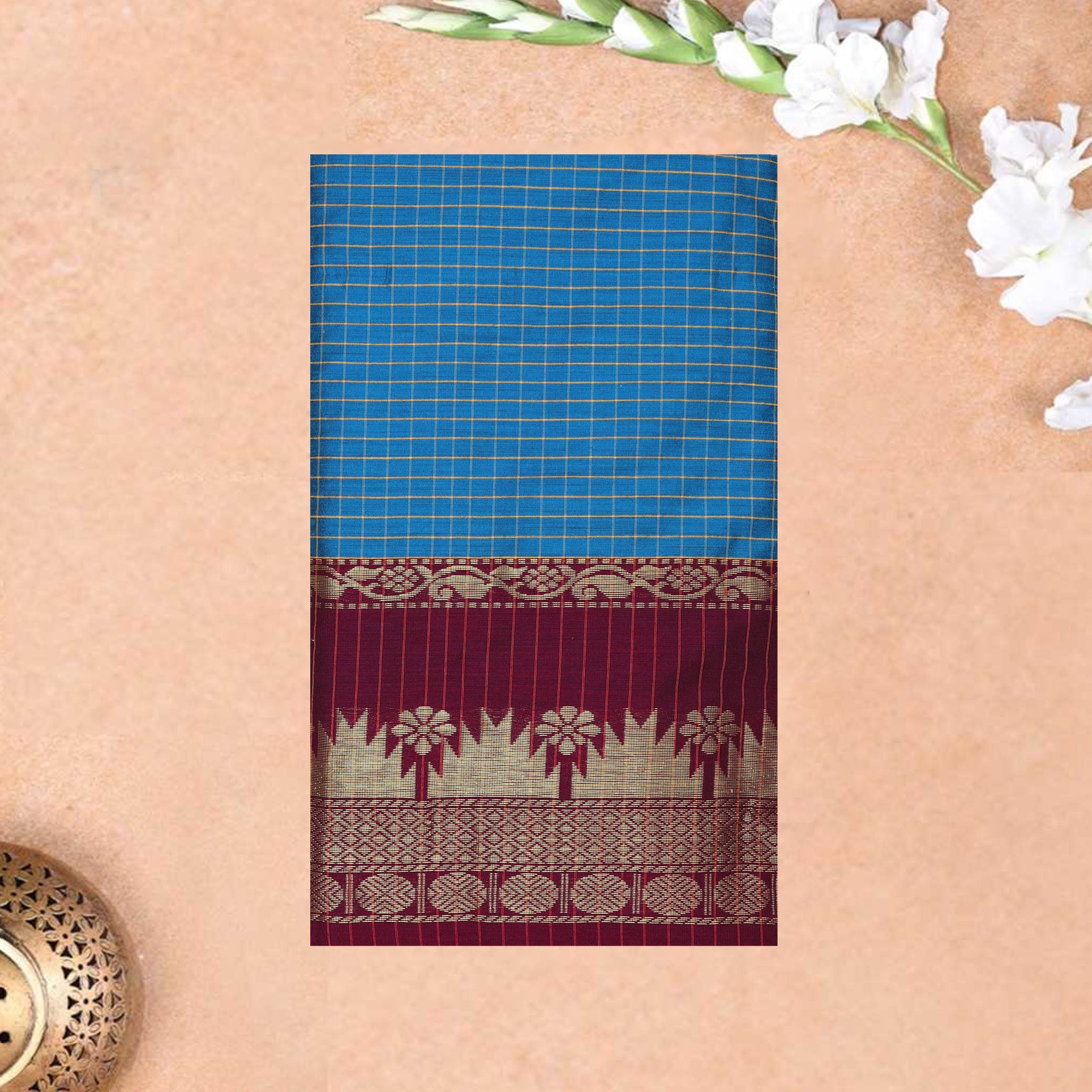 Peacock Blue With Maroon Premium Quality Kalyani Cotton Saree