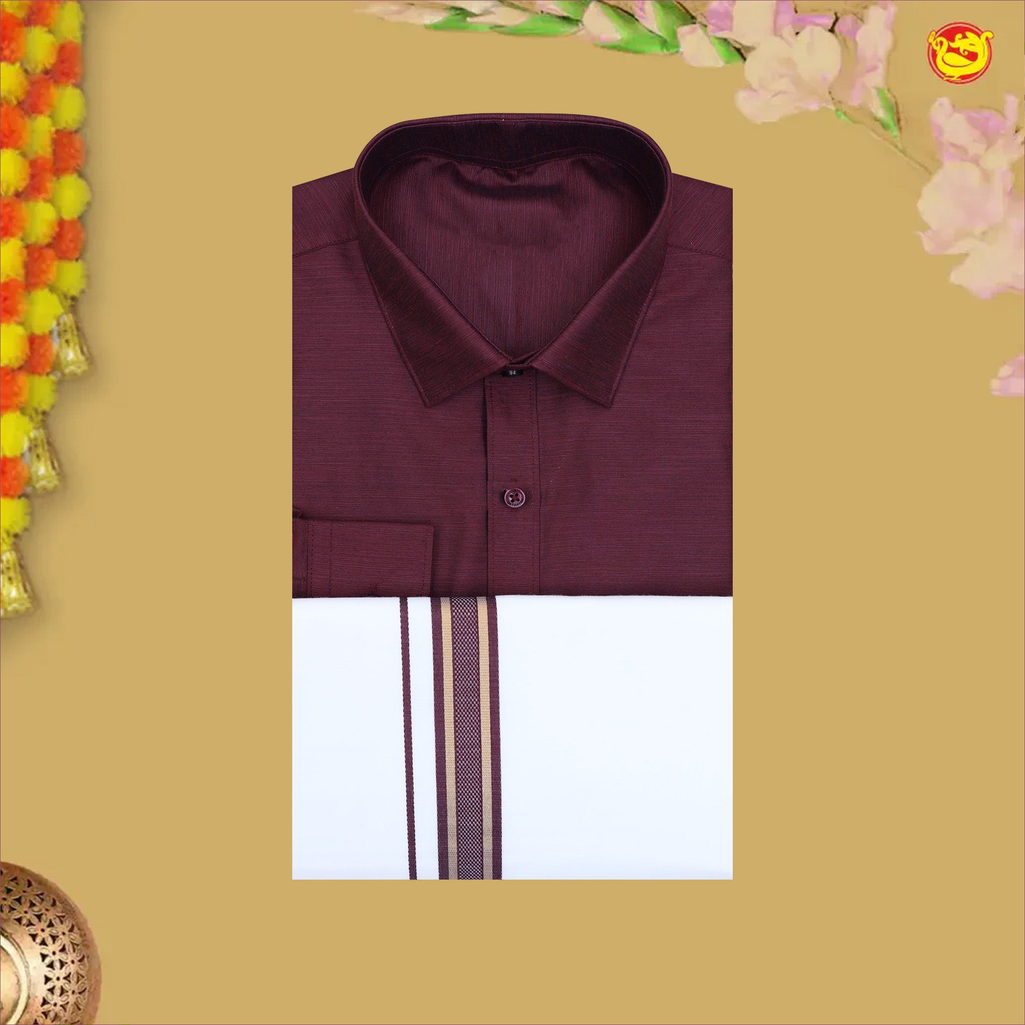 Maroon With White Readymade Shirt And Matching Border Dhoti Set for Men