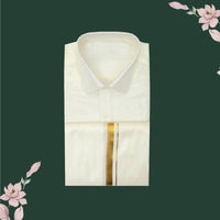 Art Silk  – Men’s Shirt & Dhoti Set  Off -White Colour With Gold  Zari Border