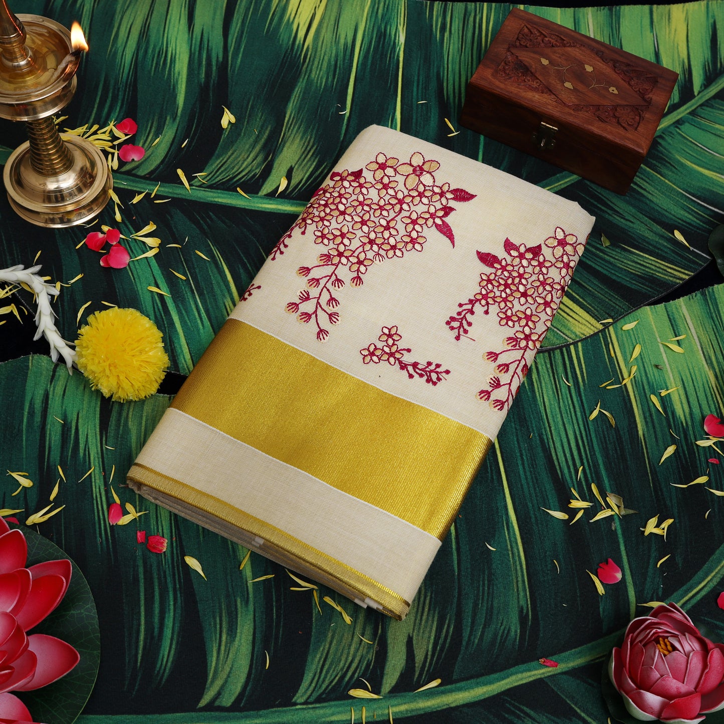 Off White With Gold Floral Embroidery  traditional kerala onam saree