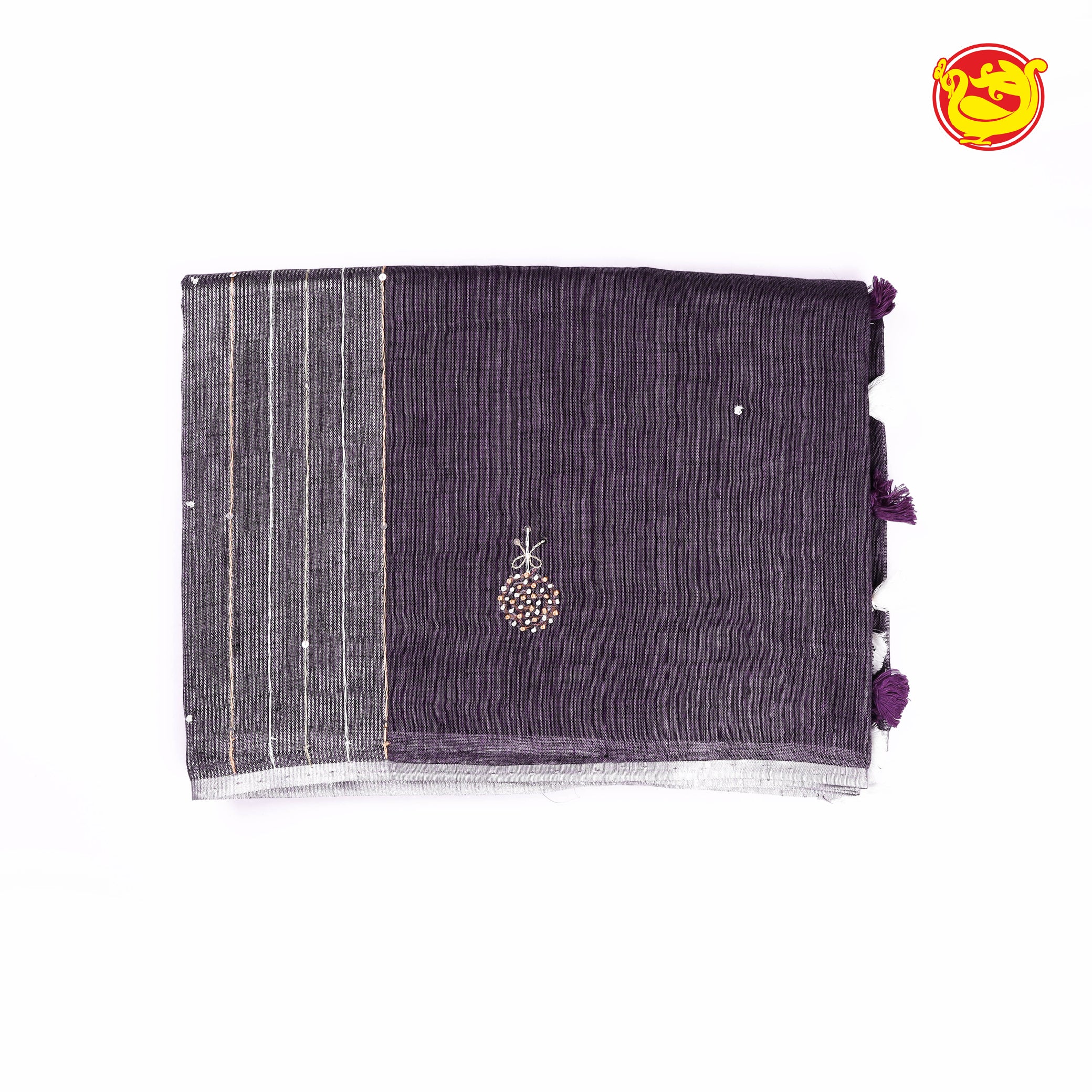 grey pure linen saree with hand embroidery