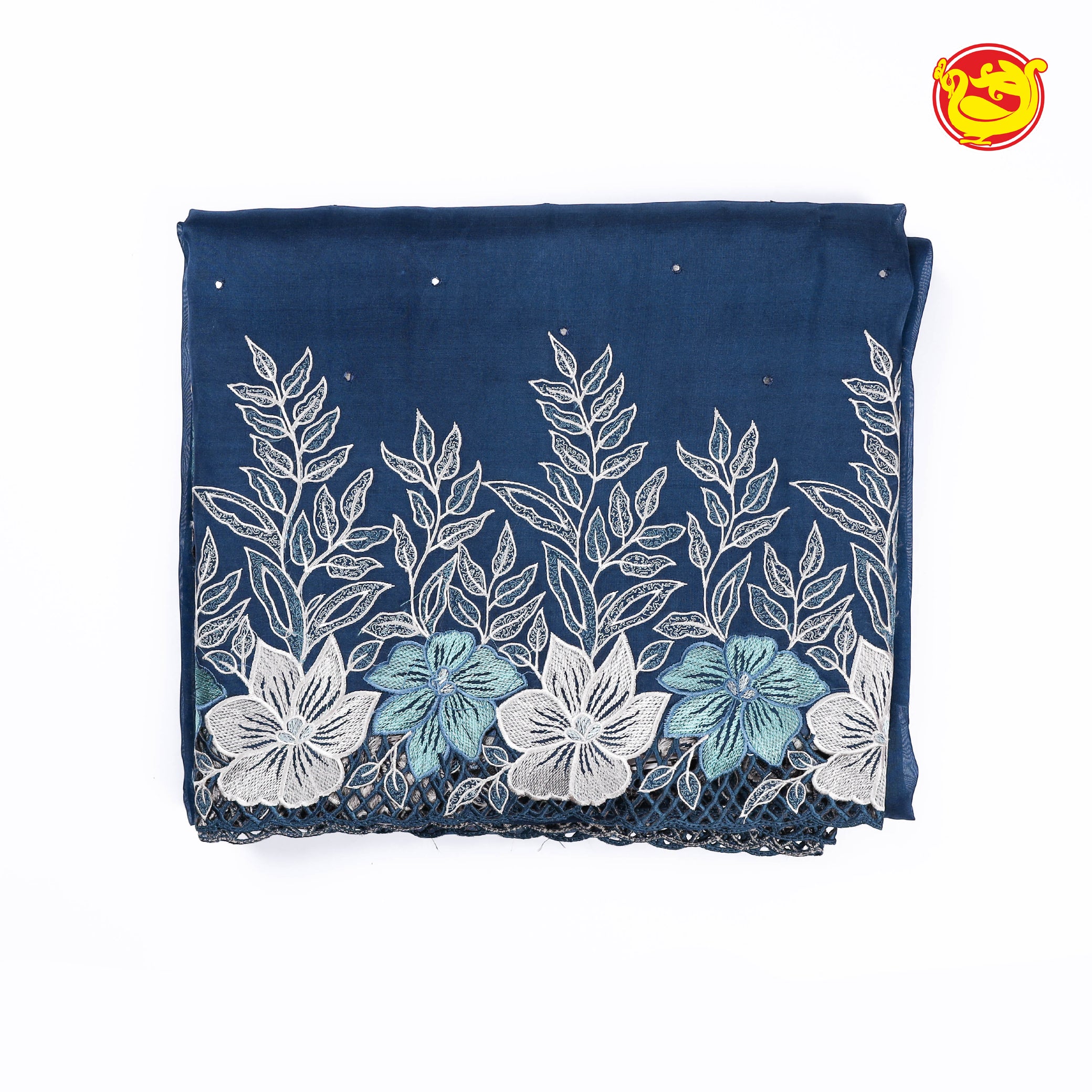Dark blue pure organza silk with embroidery and cut work