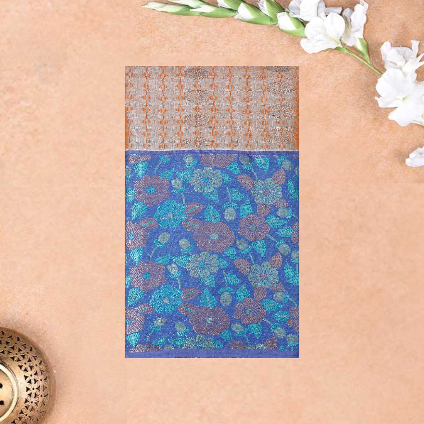 Orange with Dark Blue Floral Design Tissue Silk Saree