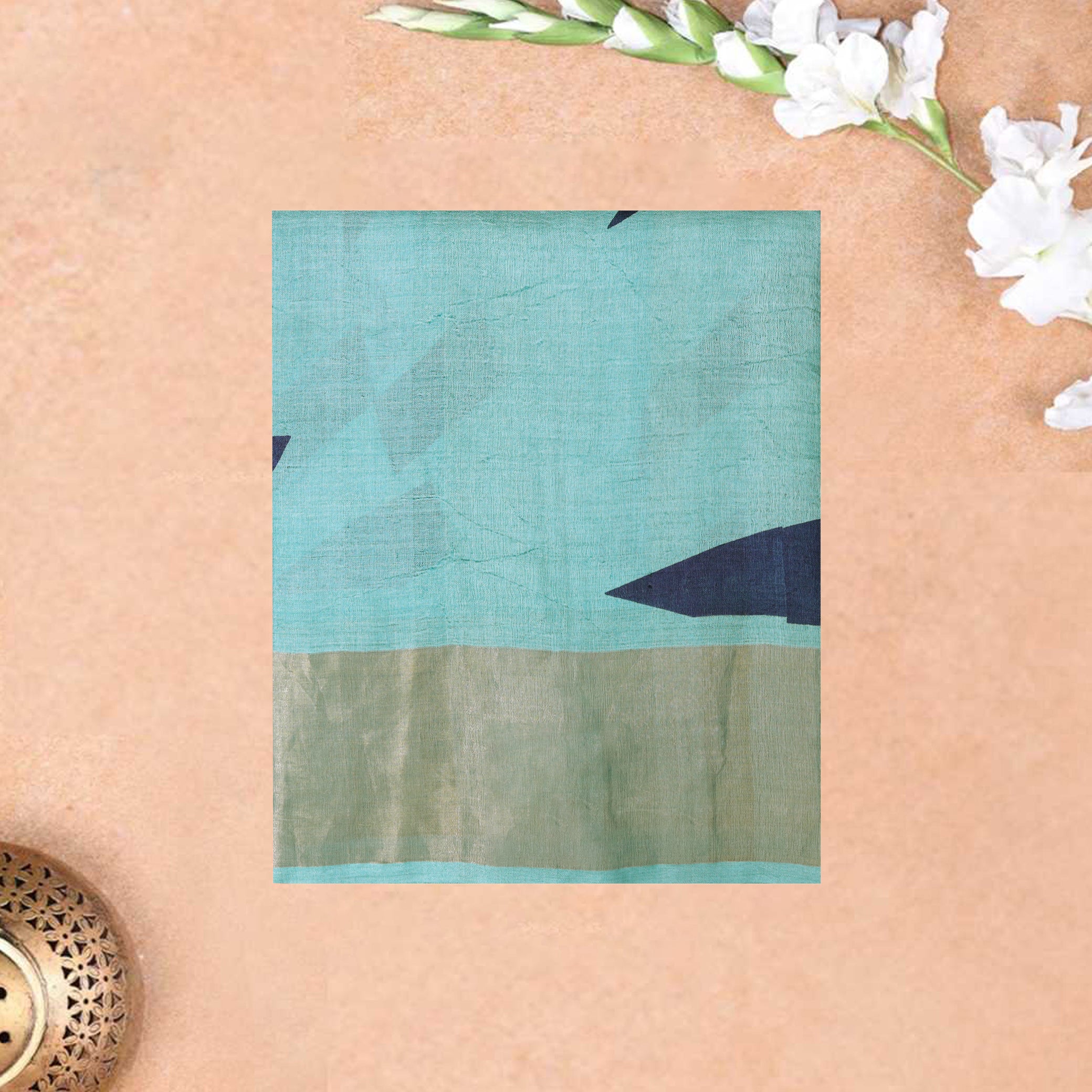 Pure Tussar Silk Saree Turquoise Blue and  Blue Shade With Floral Design and Painted Prints and Zari Woven Border