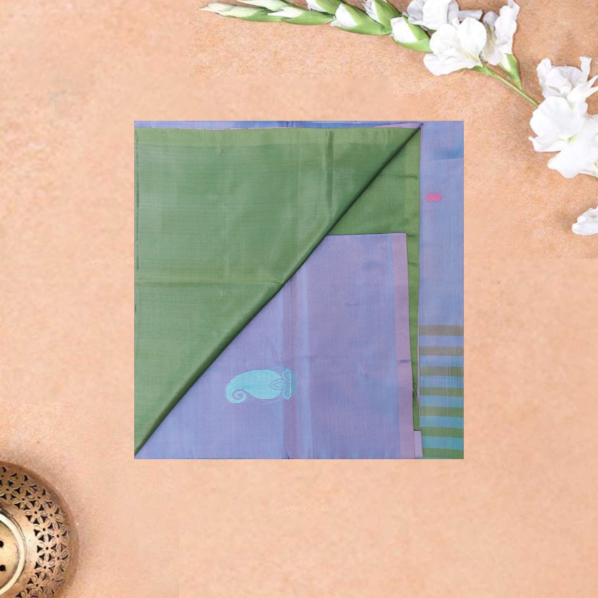 Blue With Green Pallu Banana Pith Saree With Running Blouse