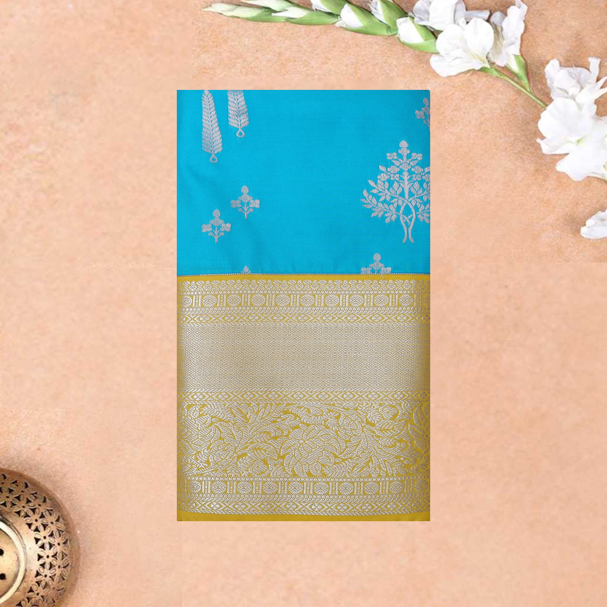 Blue with Lime Yellow Soft Silk Saree