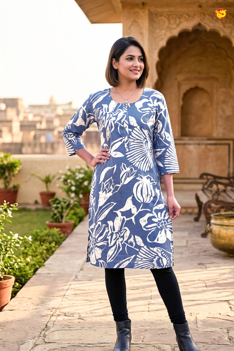 Navy Blue With Off White Floral Design Cotton Ladies Readymade Straight Cut Top