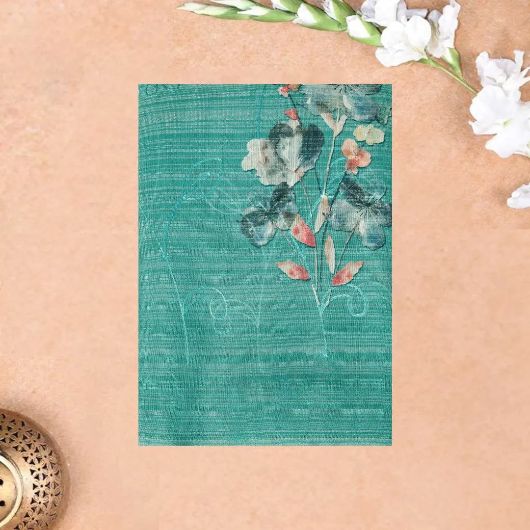 Teal Blue with Floral Design Trendy Tissue Fancy Saree