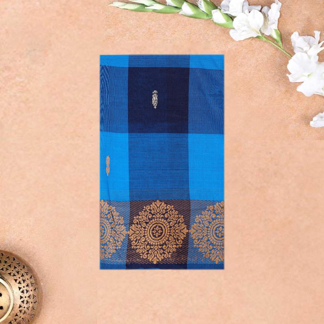 Sky Blue With Navy Blue Checked  Pure Cotton Saree
