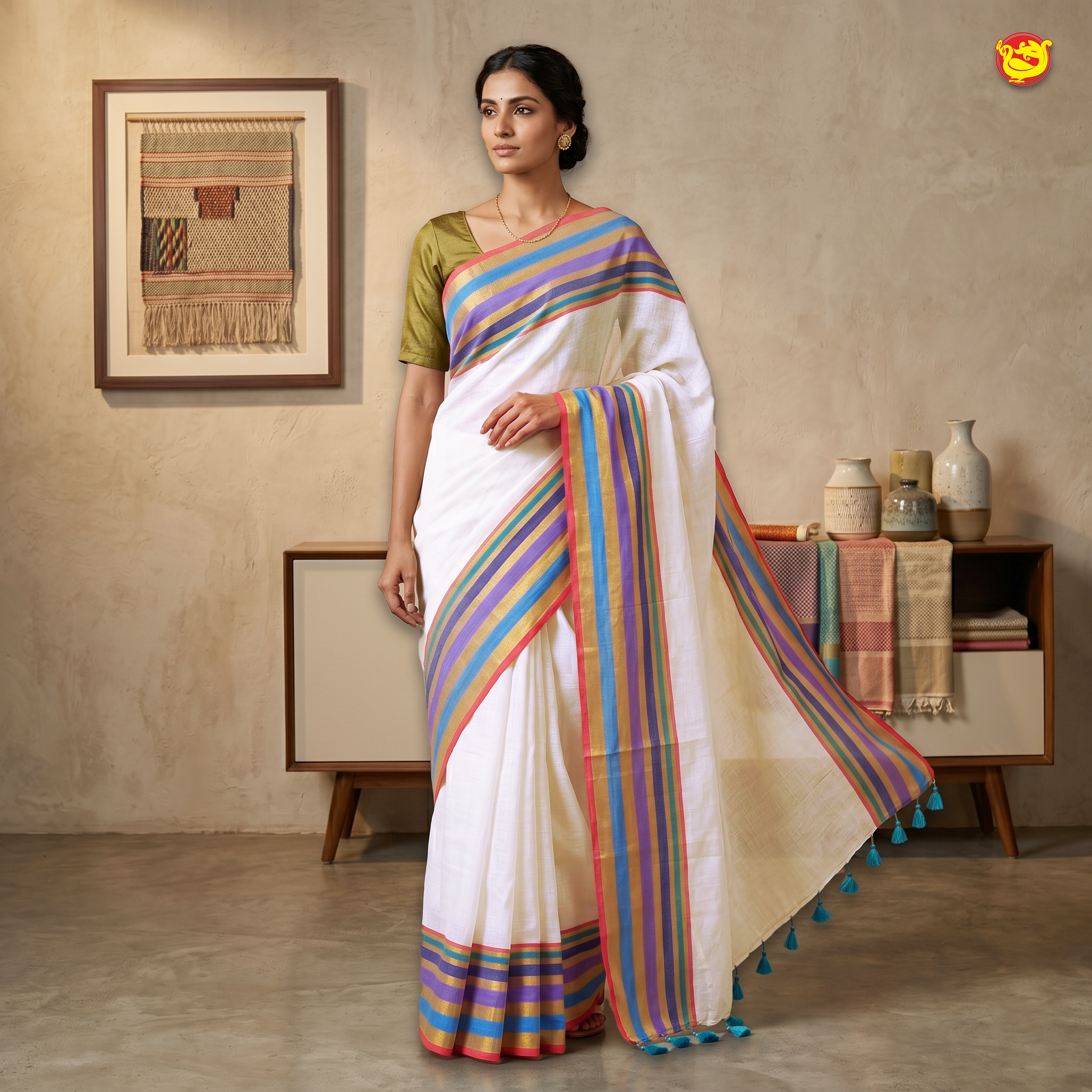 Off White With Multi Colour  Mul Mul Cotton Saree