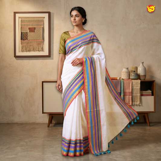 Off White With Multi Colour  Mul Mul Cotton Saree