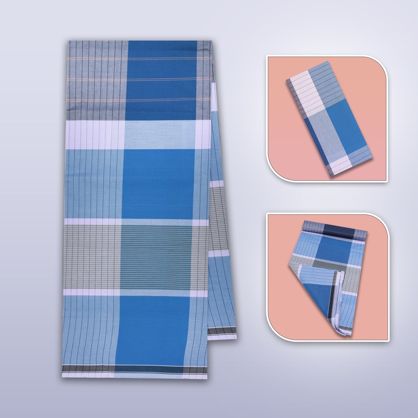 Men’s Blue With Light Blue Checked Cotton Stitched Lungi