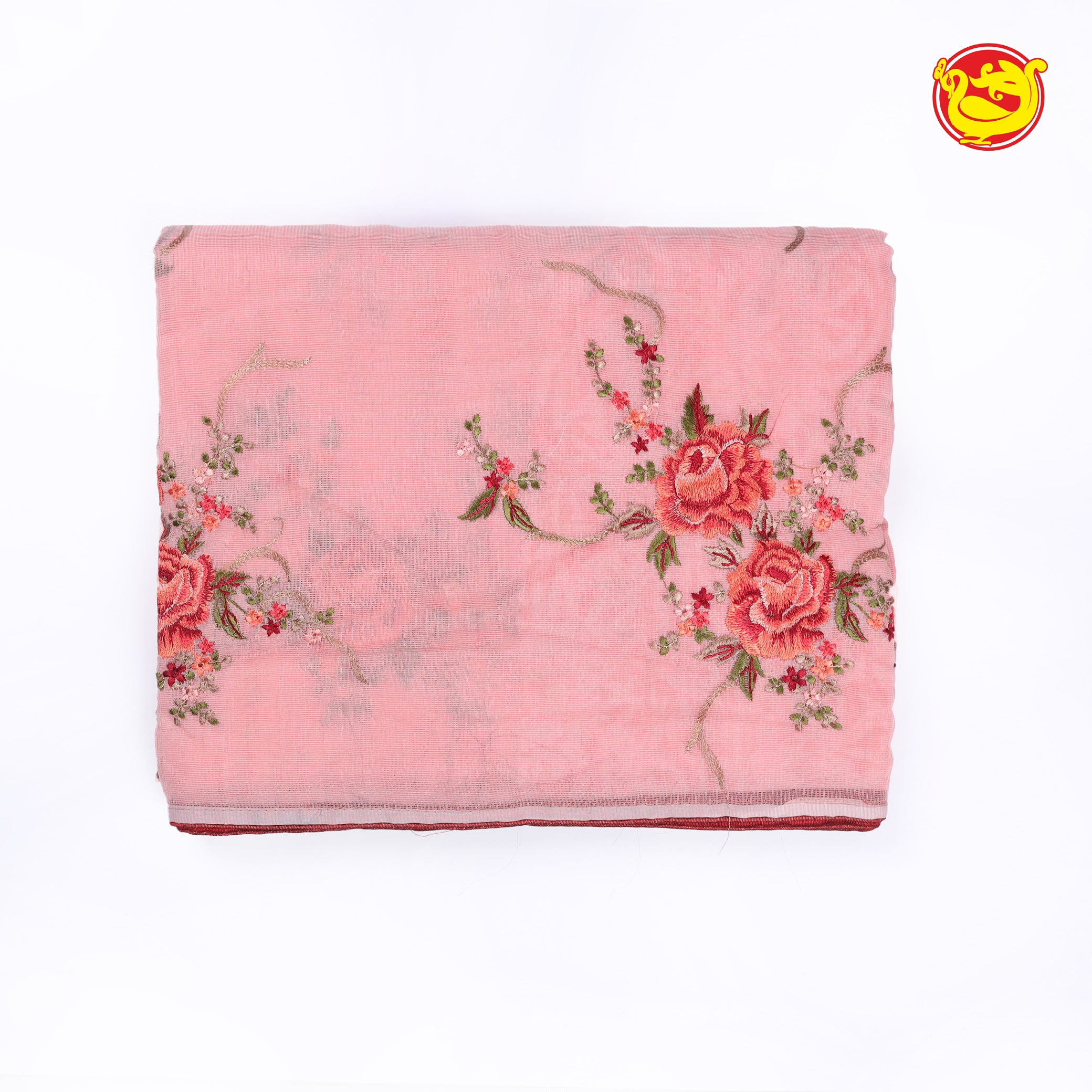 Pastel pink Kota cotton saree with embroidery