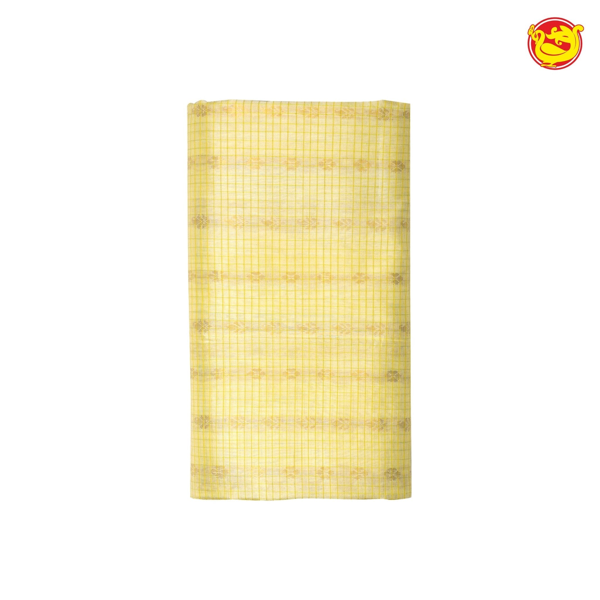 Half White and Mustard Yellow With Gold Zari Checked Floral Buttas Pure Silk Cotton Saree