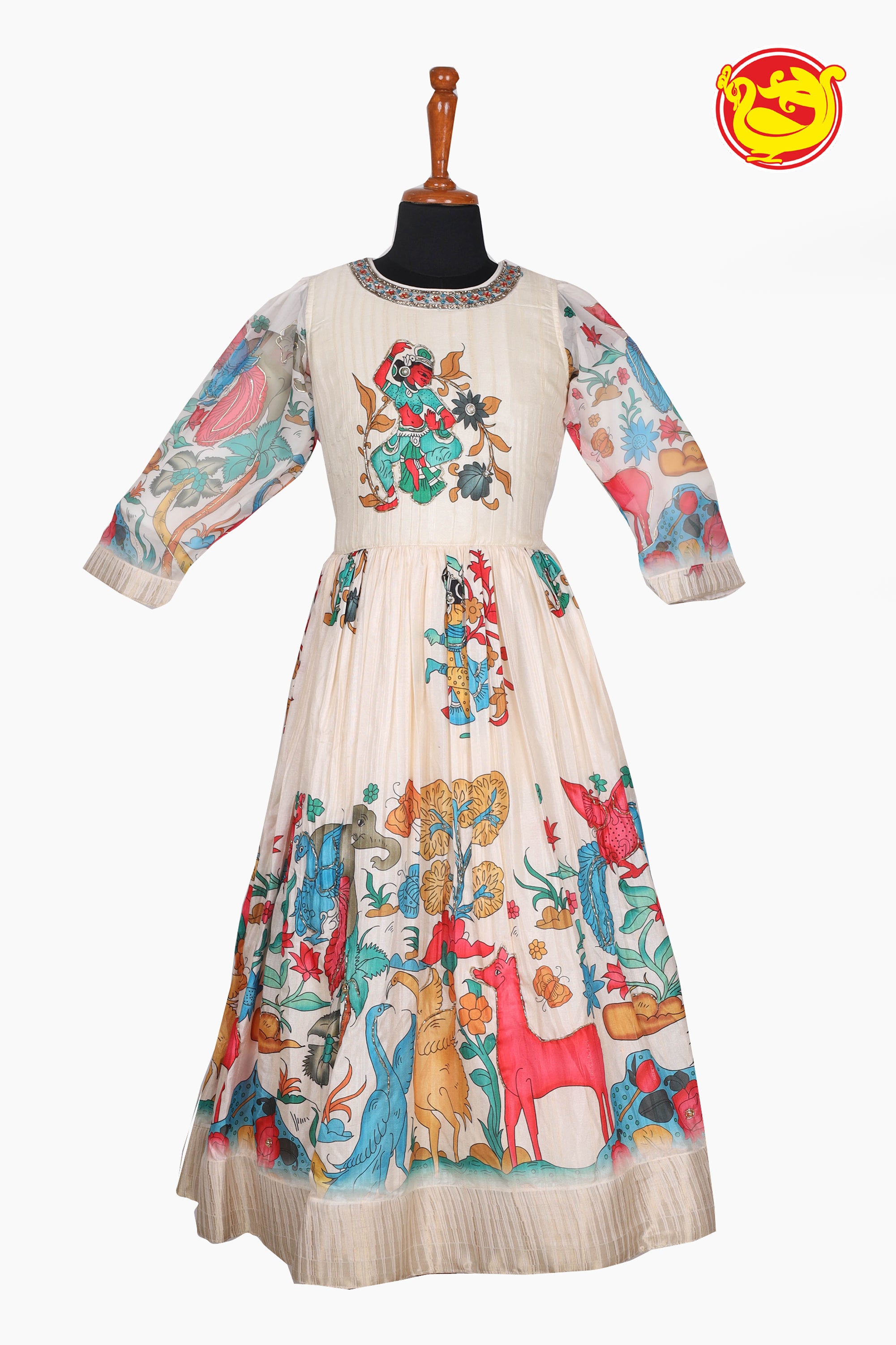 Beige Madhubani Printed Silk Maxi Gown With cutwork, Stone & Mirror Work