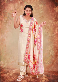 Cream With Pink Floral Design ladies Branded   straight Cut Churidar