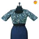 Navy Blue With Green Floral design Pure Cotton Ready made Blouse - Thenianantham