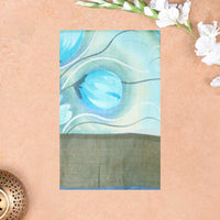 Pure Tussar Silk Saree Aegean Blue and Gold Border With Floral Design and Painted Prints and Zari Woven Border