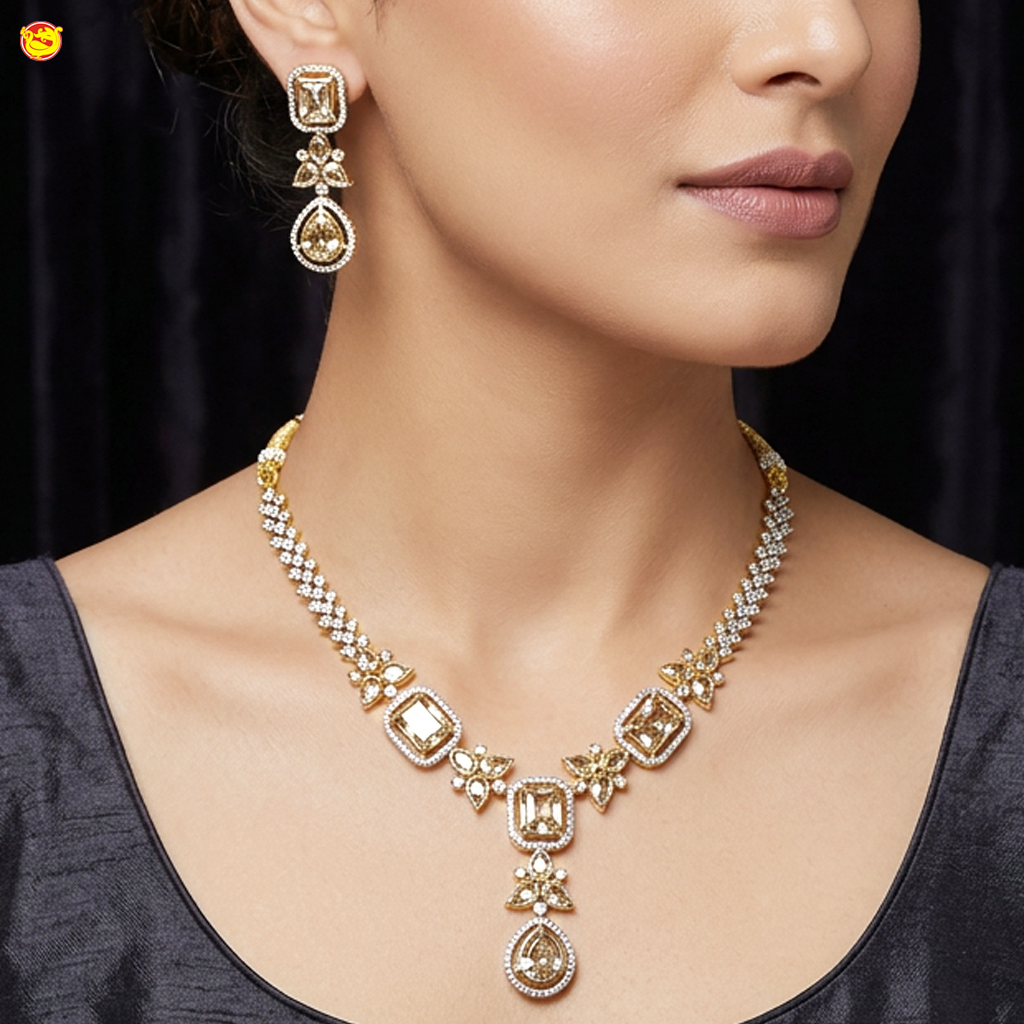 Antique Silver Necklace with Gold Stone  Matching earrings Set