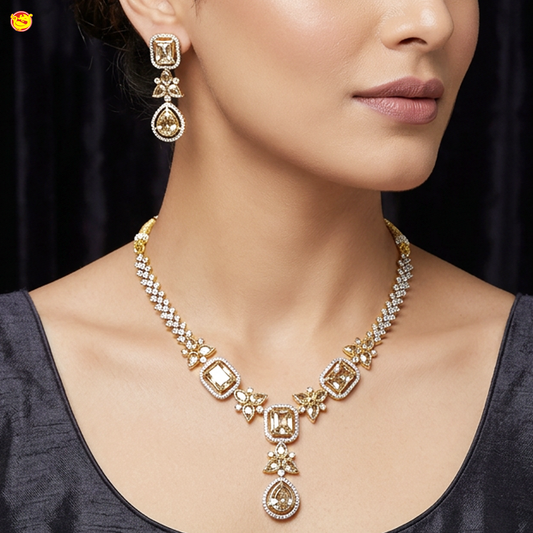 Antique Silver Necklace with Gold Stone  Matching earrings Set