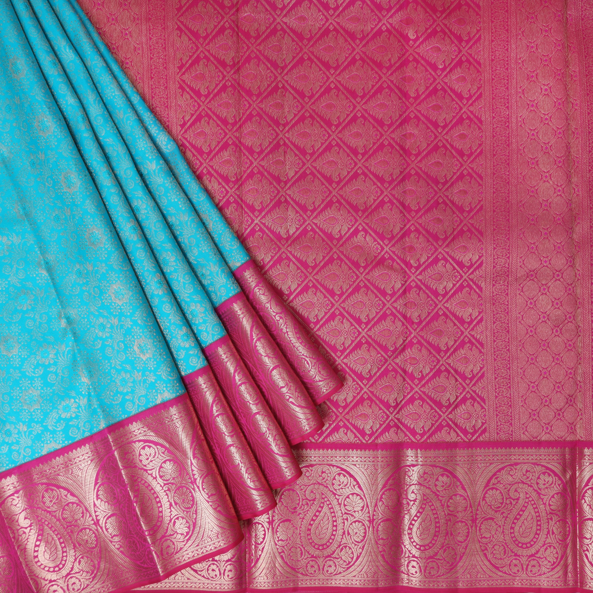 Blue With Pink  Golden Zari Border Wedding Silk Saree