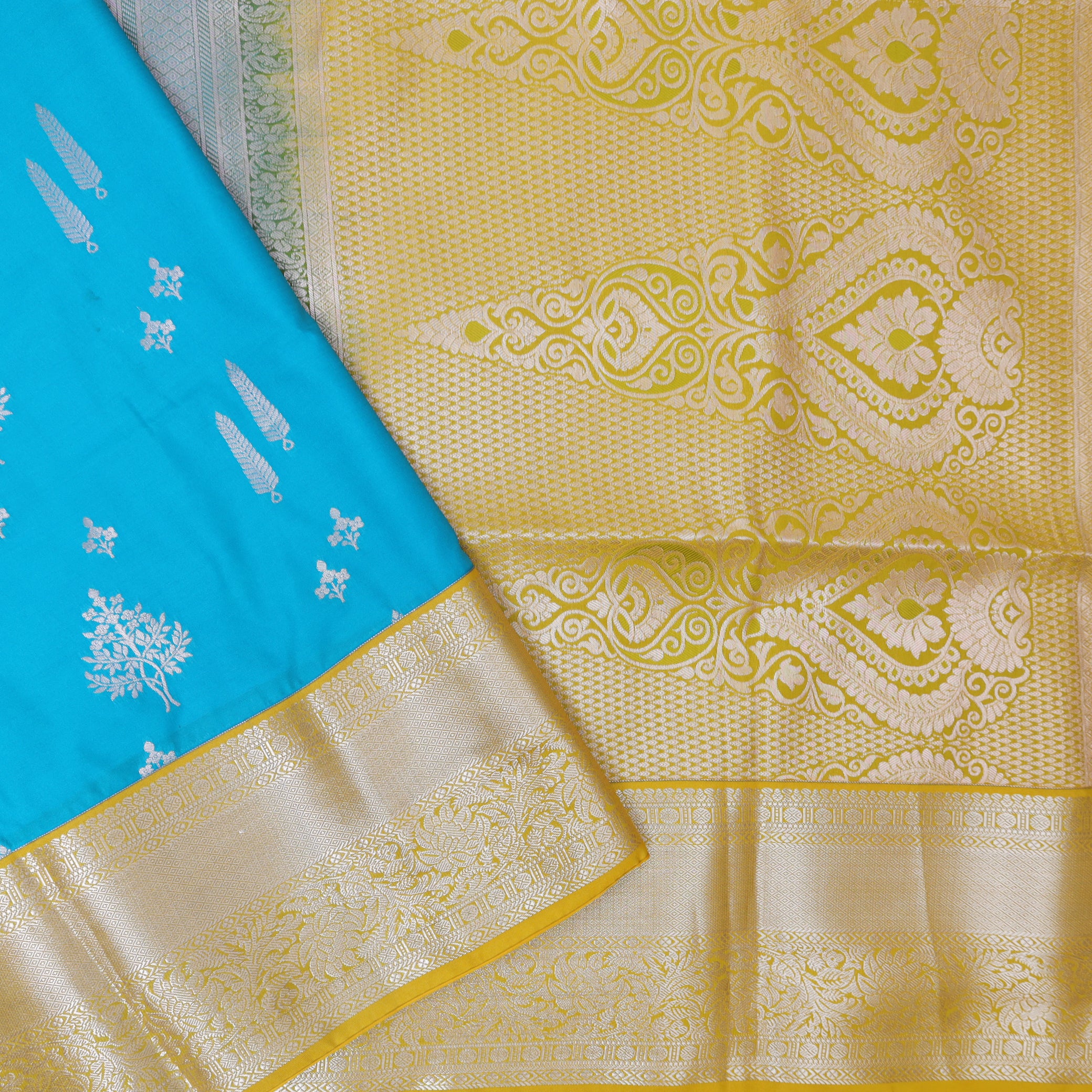 Blue with Lime Yellow Soft Silk Saree