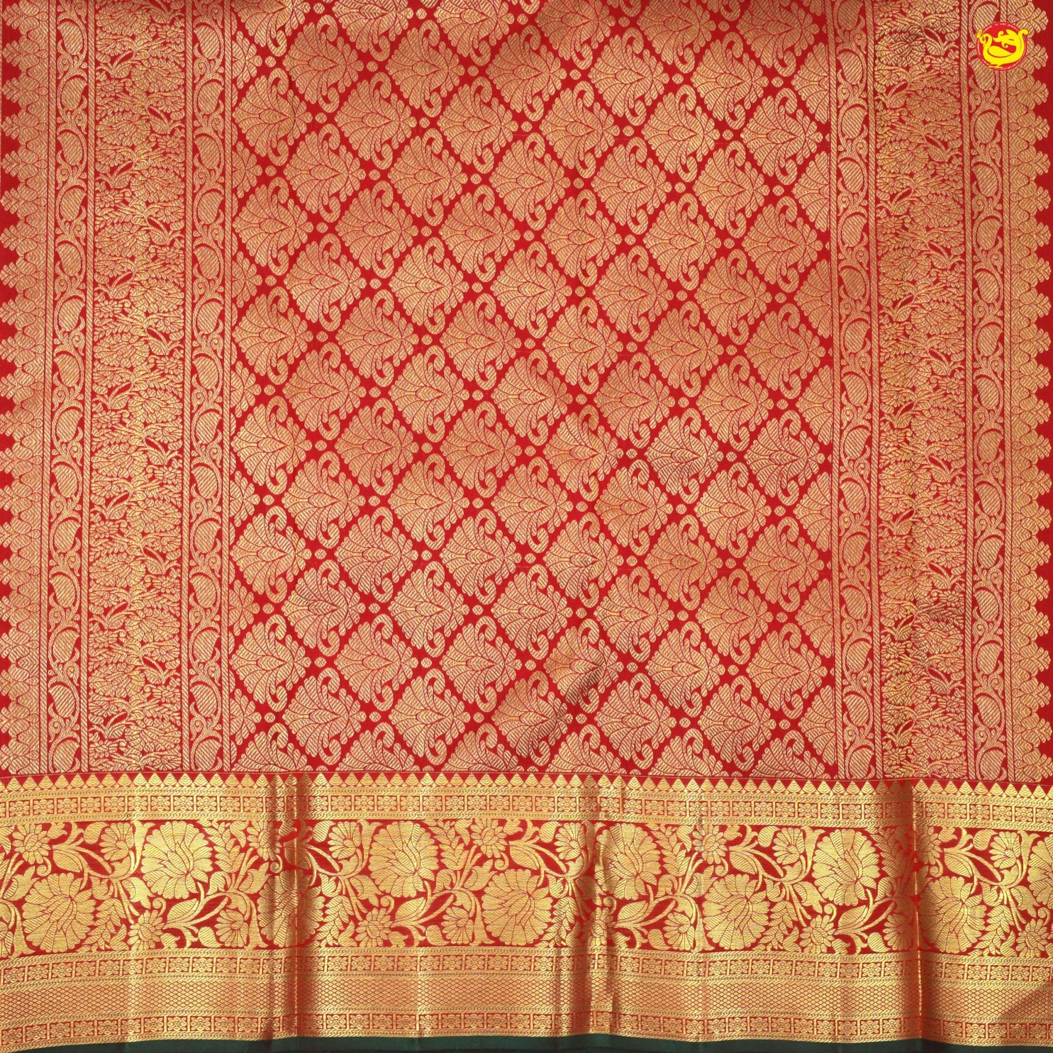 Crimson Red Jacquard Gold Zari Floral Design Pure Kanjivaram Subhalaya Wedding Silk Saree - Thenianantham