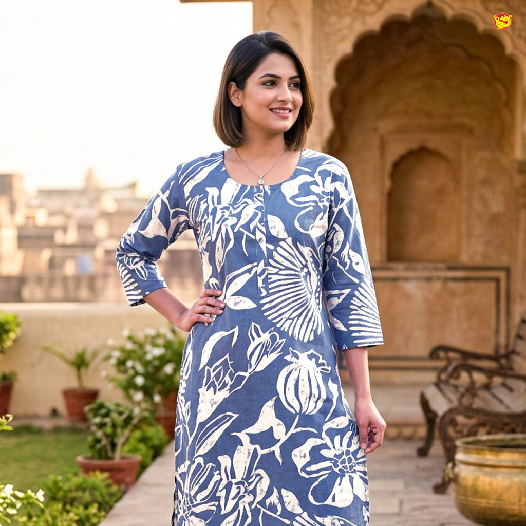 Navy Blue With Off White Floral Design Cotton Ladies Readymade Straight Cut Top