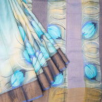 Pure Tussar Silk Saree Aegean Blue and Gold Border With Floral Design and Painted Prints and Zari Woven Border