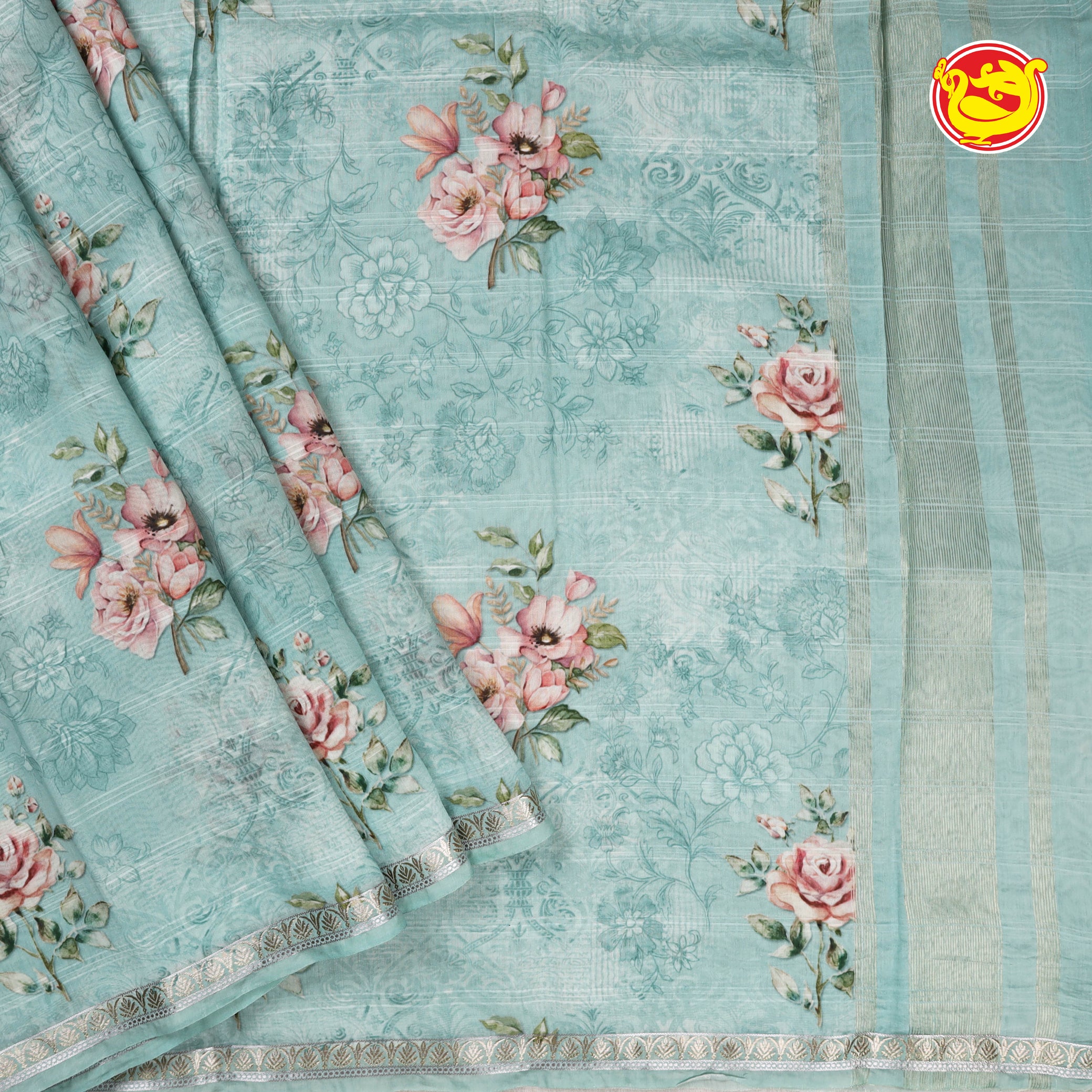 Light blue chanderi silk saree with digital prints
