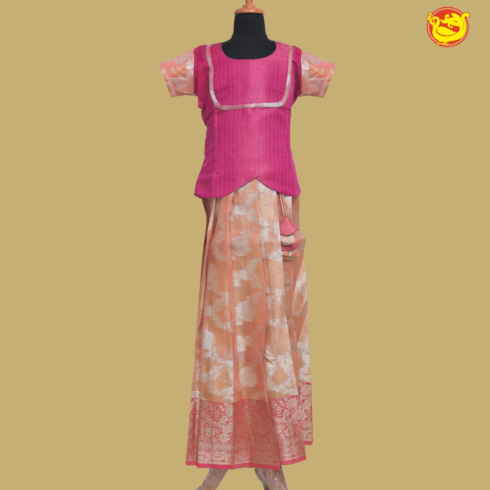 Peach with Pink Branded Ladies Readymade Pattu Pavadai Set